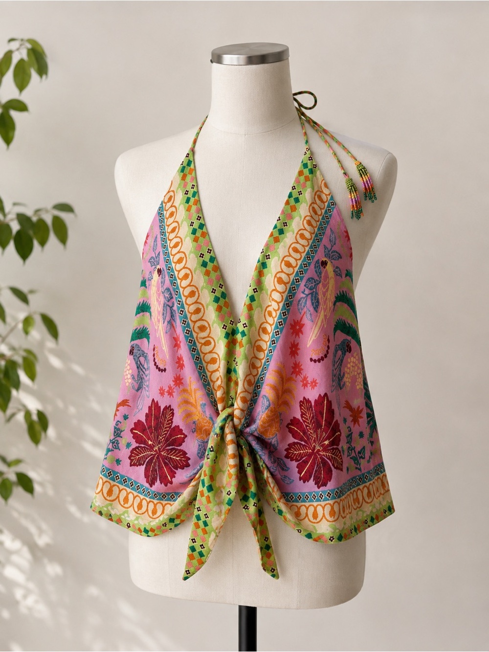 FARM Rio Pink & Green Floral Tie-Front Halter Top